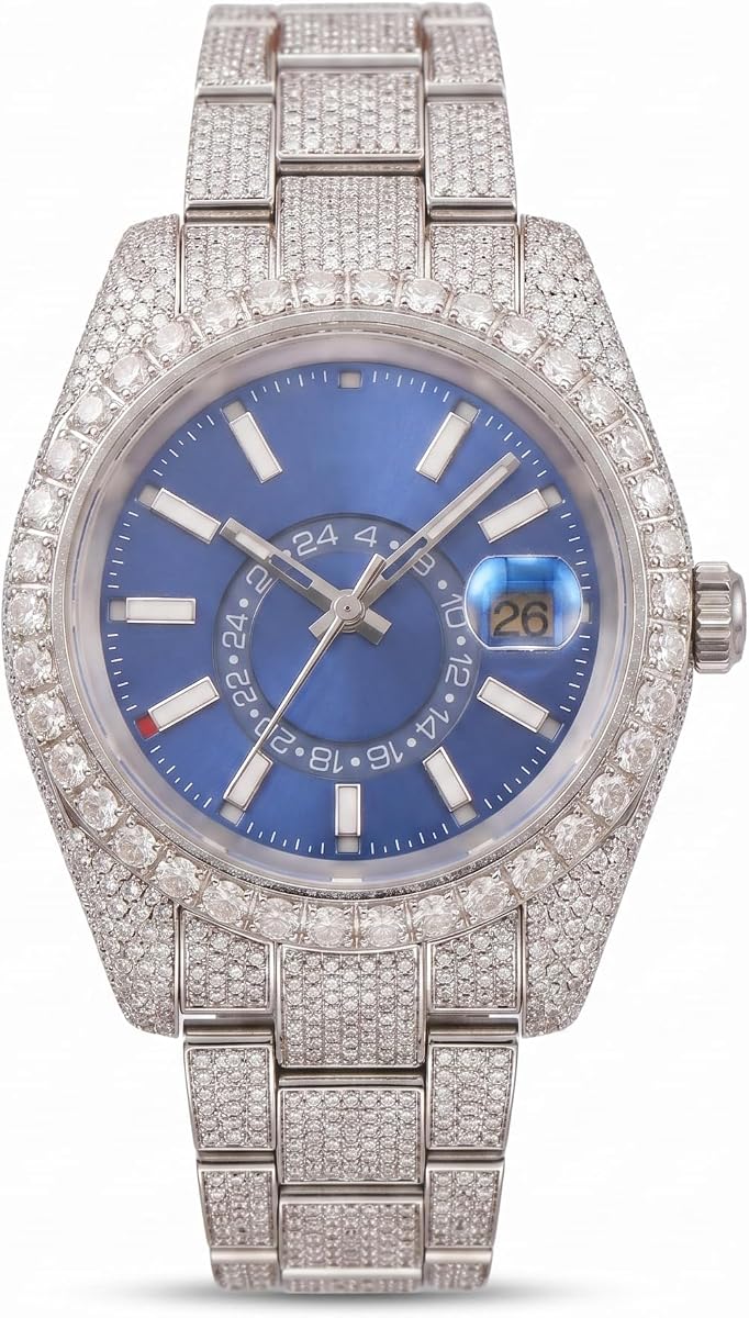 Luxury Moissanite Diamond Iced Out Men's Watch – Silver Tone White Gold Finish, Blue Dial with Date Window, Fully Bust Down Hip Hop Bling Timepiece