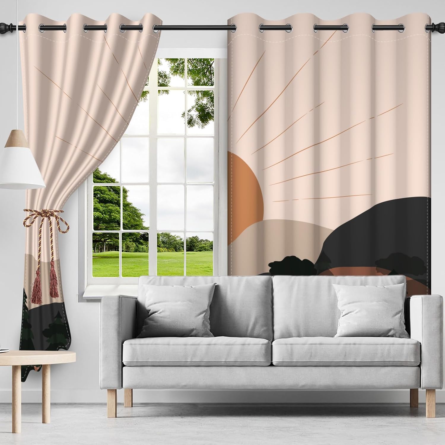 Mid Century Boho Blackout Curtains 2Panels 63inches Length Modern Sun Mountain Sunrise Window Curtain for Living Room Bedroom Hotel Forest Leaves Grommet Room Darkening Drapes 53x63inches