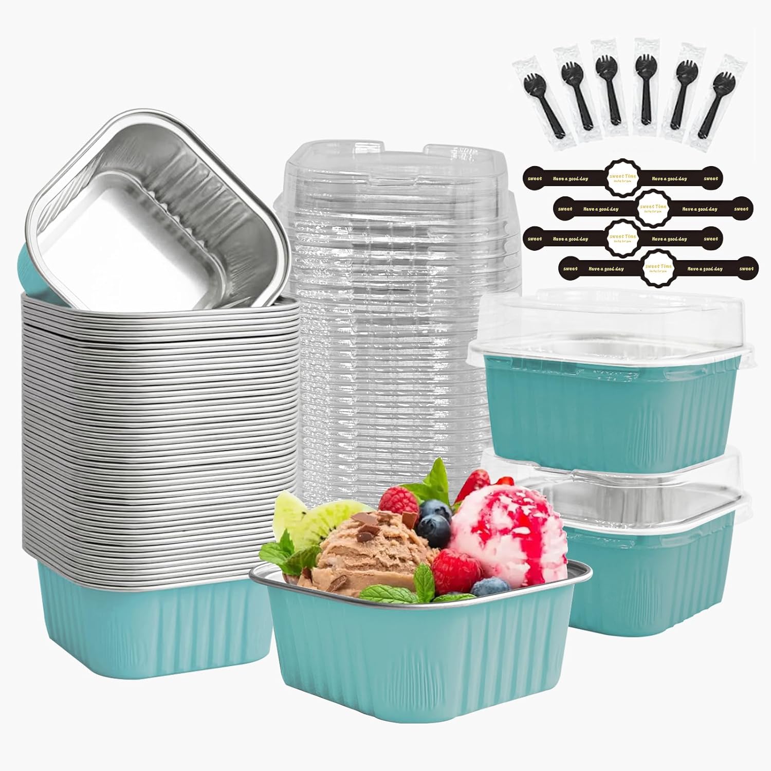 Mini Cake Pans With Lids 5oz, 50 Pack Mini Loaf Pans with Lids, Aluminum Foil Baking Cups, Disposable Square Brownie Baking Cupcake, Dessert Cups for Wedding, Birthday, Party, Picnics (Blue)