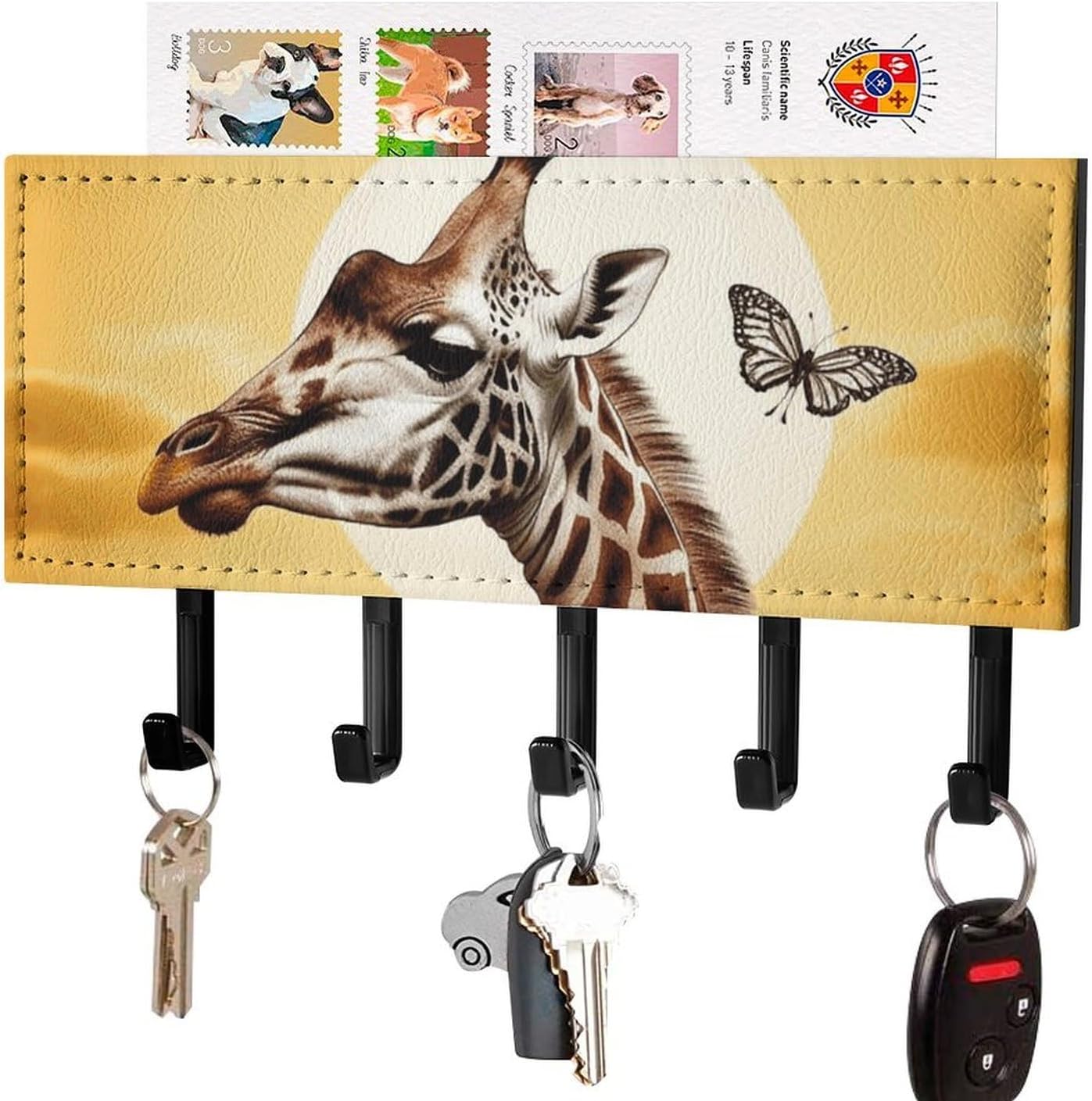 Giraffe Key Holder with 5 Hooks Mail Organizer for Wall Black