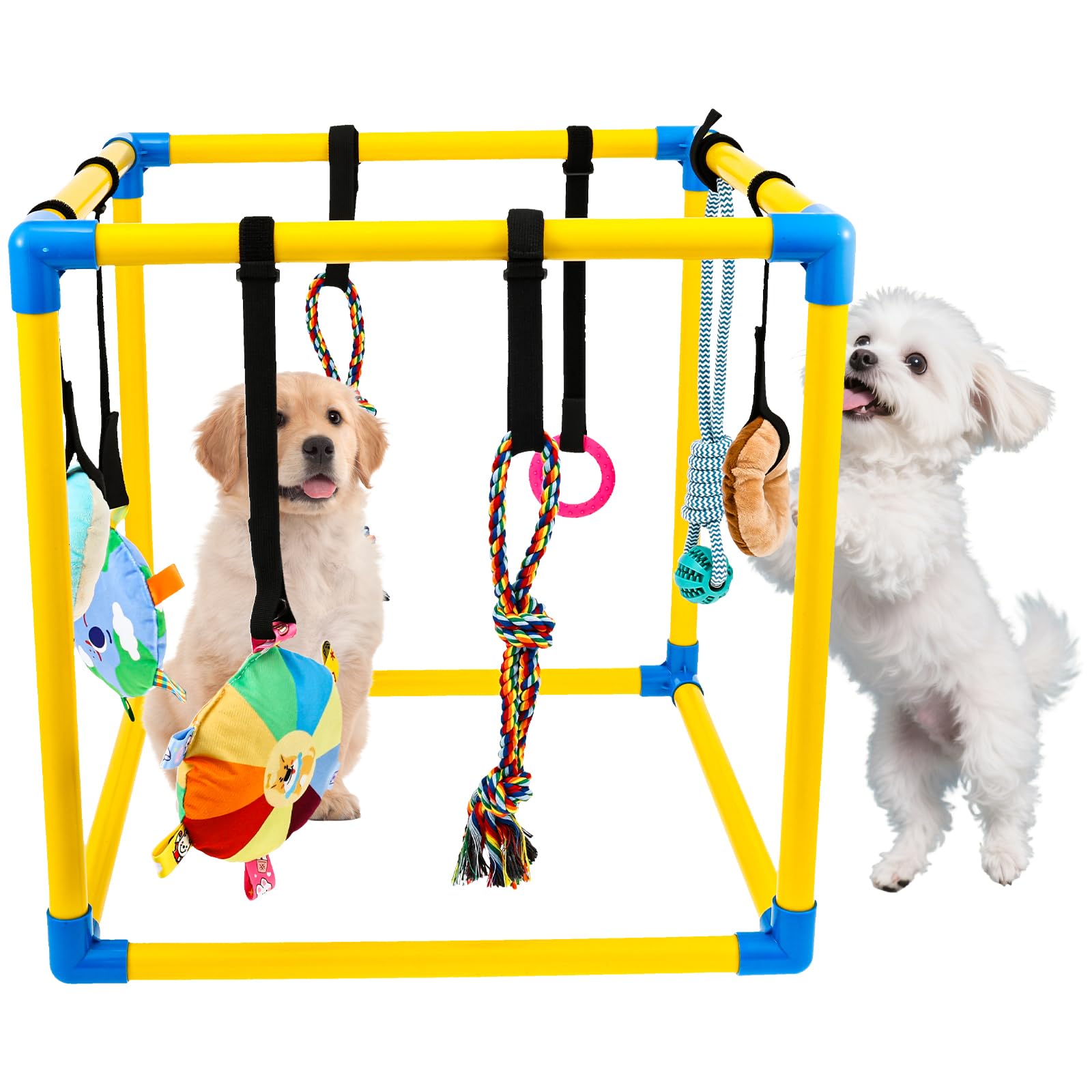 Welpen Spielzeug Set für drinnen, 50x50x50cm Welpen Spieltrapez mit 8 hängenden Kauspielzeugen & Klettverschlüssen, PVC-Rahmen zur Zahnung & Beschäftigung für kleine Hunde