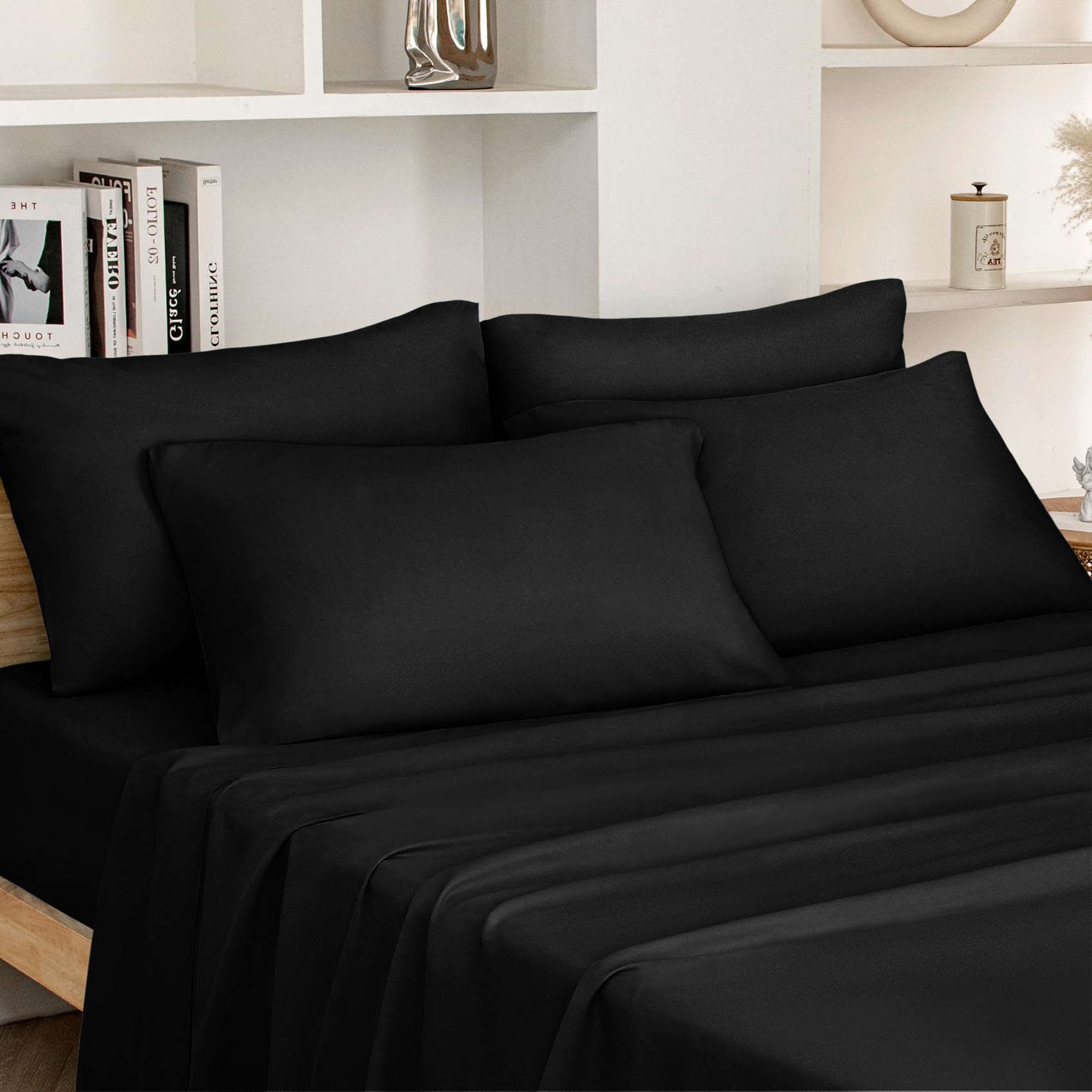 Parure de lit 6 pièces grand lit anti-pli HOMEIDEAS avec drap housse poche profonde noir