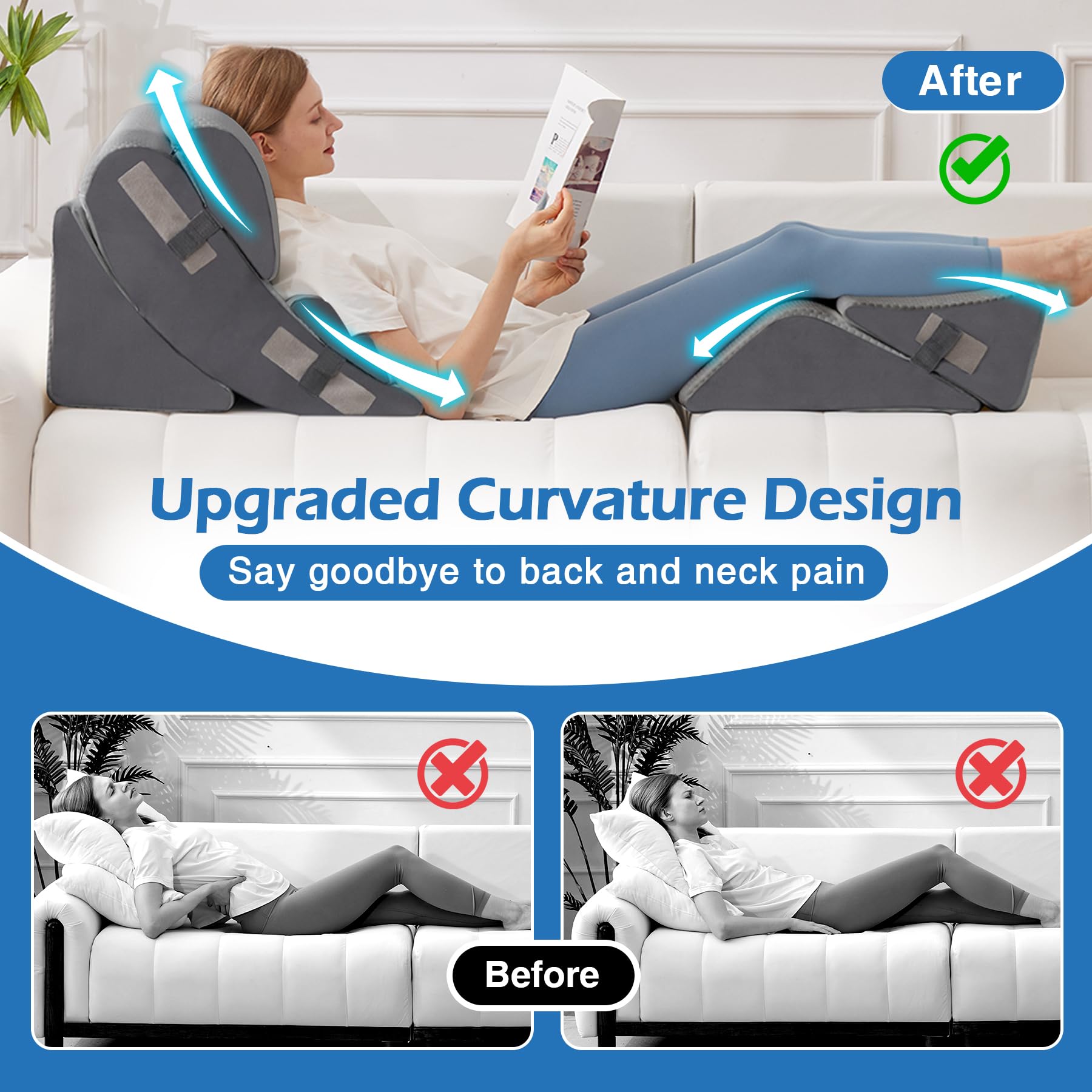 Ahpmeoa Juego de 6 almohadas ortopédicas de cuña para dormir, almohada de espuma viscoelástica ajustable para aliviar el dolor de espalda, almohada de cuña para dormir para reflujo ácido, ERGE y