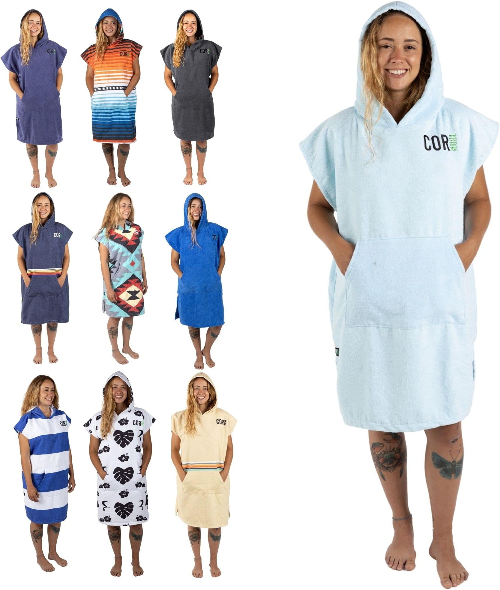Cor Surf Poncho Changing Towel Robe with Hood and Front Pocket, Made of Quick Dry Microfiber (Light Blue - Medium)