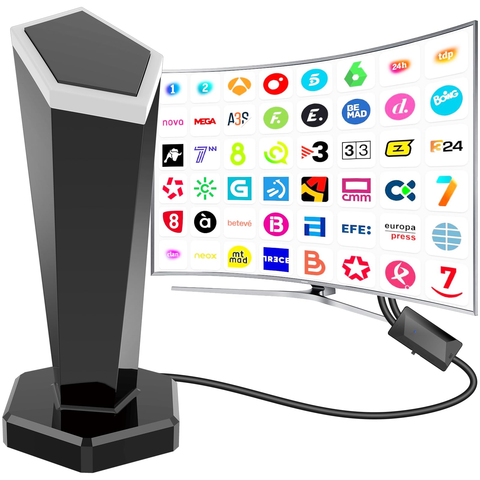 Antena TV Interior,Antena TV Interior Potente, Antena TDT Portátil con Base Magnética Fuerte - Recepción 360° Omnidireccional, Cobertura 500km para Canales Gratuitos 4K/1080P