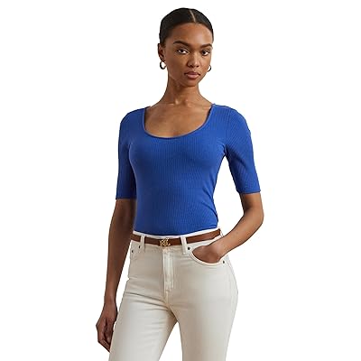 Lauren Ralph Lauren Rib Knit Cotton Blend Elbow Sleeve T Shirts Women