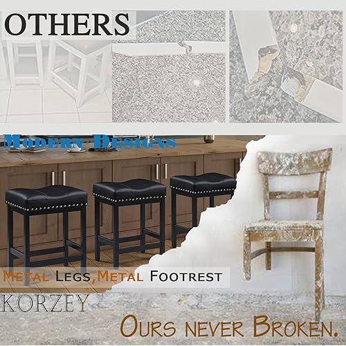 Miniatura 5 de KORZEY Juego de 3 taburetes de bar de 24 pulgadas de altura de mostrador, taburetes de bar de piel sintética, marco de metal para isla de cocina,