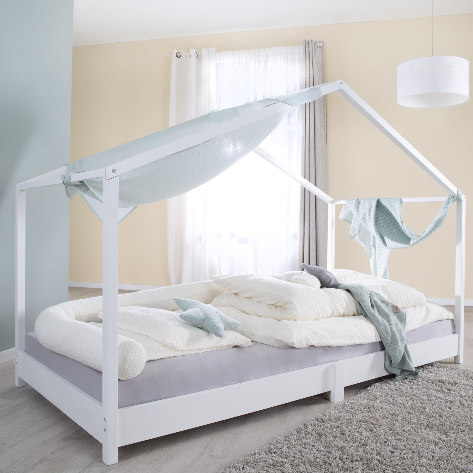 roba® Hausbett aus Massivholz – Kombi-Set 90 x 200 cm / 70 x 140 cm, Bodenbett nach Montessori Prinzip, weiß lackiert