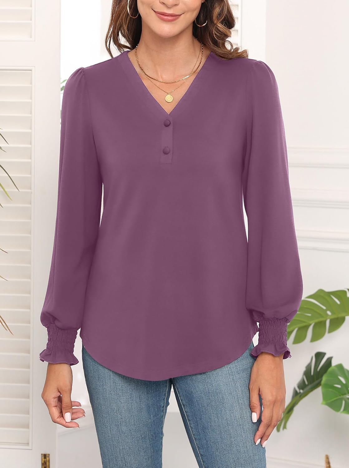 WEACZZY Womens Tops Long Sleeve Fall Shirts for Women Dressy Casual Button V Neck Tunic Blouse Ruffle Cuffs T-Shirts 2025 - Image 3