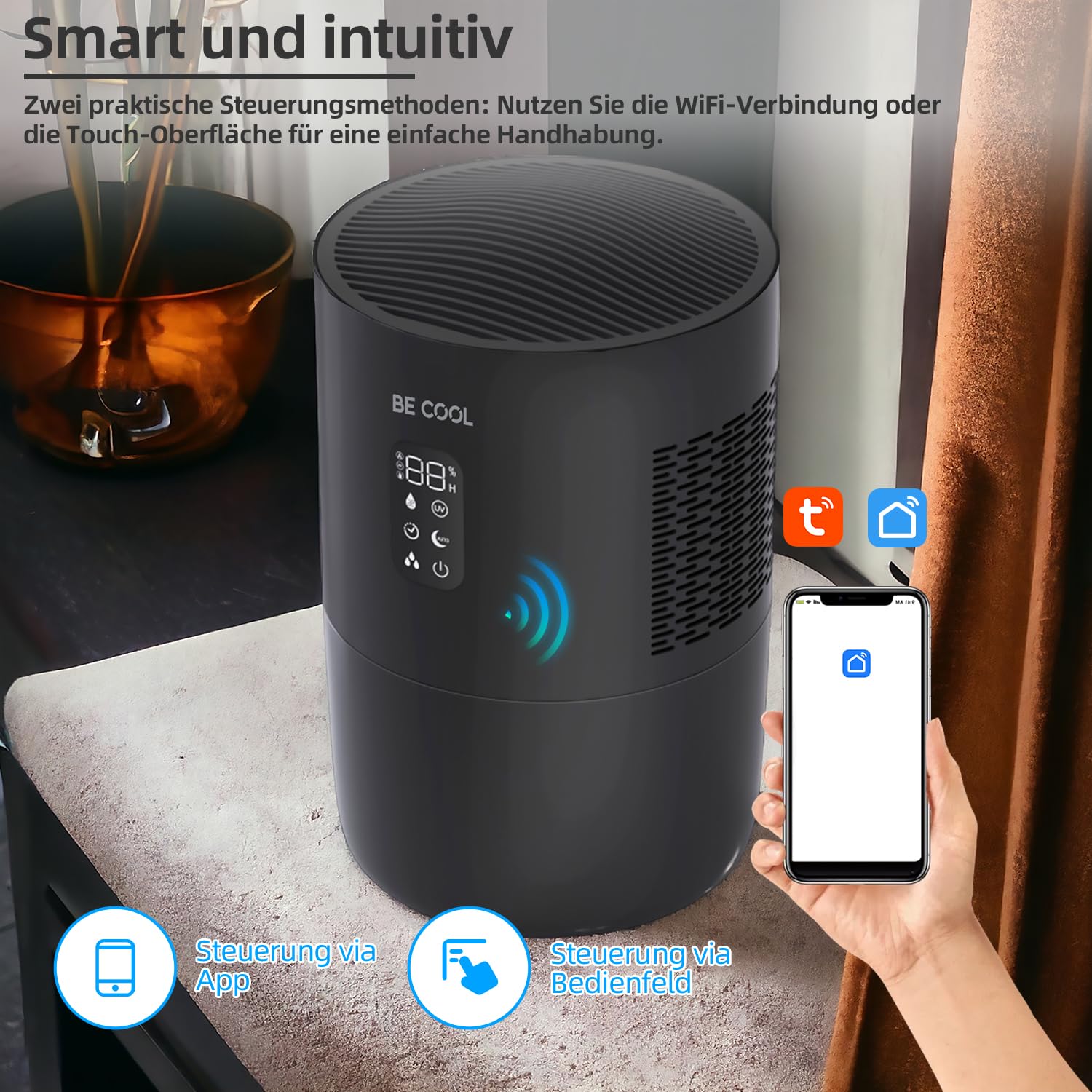 Be Cool 2 w 1 oczyszczacz powietrza i nawilżacz powietrza z funkcją sterylizacji UV, filtr parowania, 3 poziomy wilgotności powietrza, wskaźnik temperatury pomieszczenia i wilgotności powietrza,