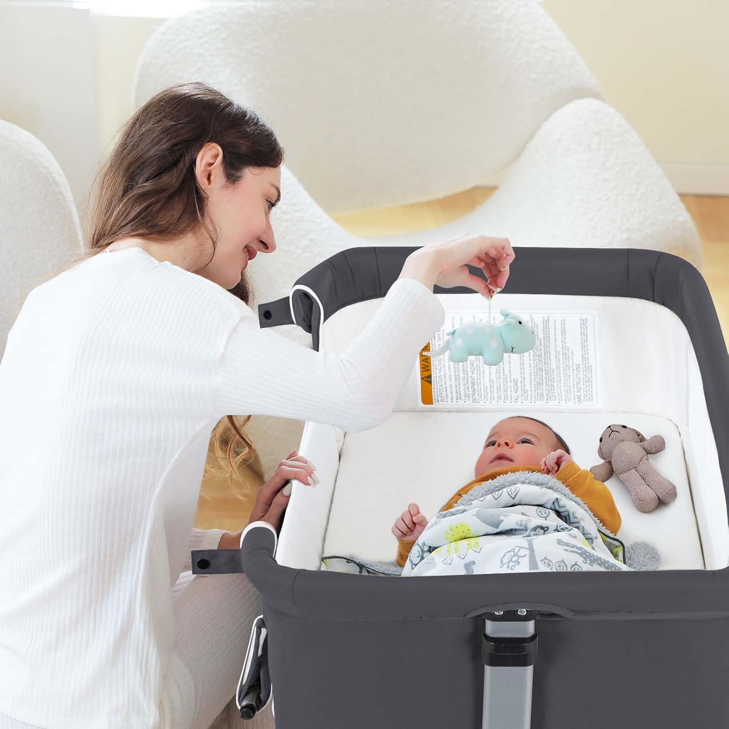 Ihoming Baby Bassinet - Bedside Sleeper with Storage Basket, Adjustable Infant Bed Side Crib for Newborn, Easy Folding Portable Cradle, Pure Gray