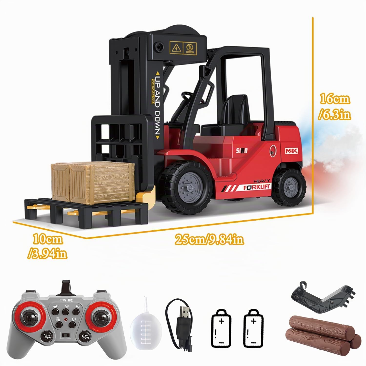 Mostop Carretilla elevadora teledirigida, juguete 1/24 Rc carretilla elevadora de juguete, con cajas/arcilla y spray luminoso, dos baterías recargables y cargador, técnica de juguete de coche