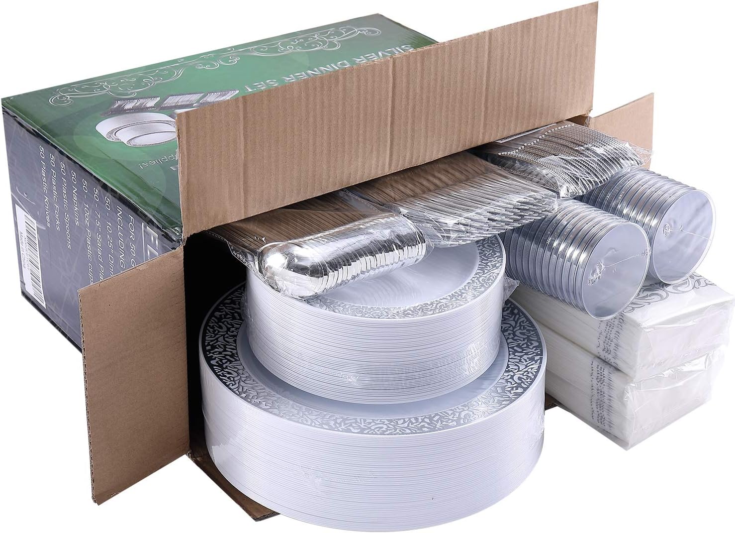 FOCUSLINE 350 Ct Silver Dinnerware Set for 50 Guests, Silver Lace Plastic Plates Disposable Heavy Duty, Including 50 Dinner & Dessert Plates, Cups, Napkins, Cutlery Set