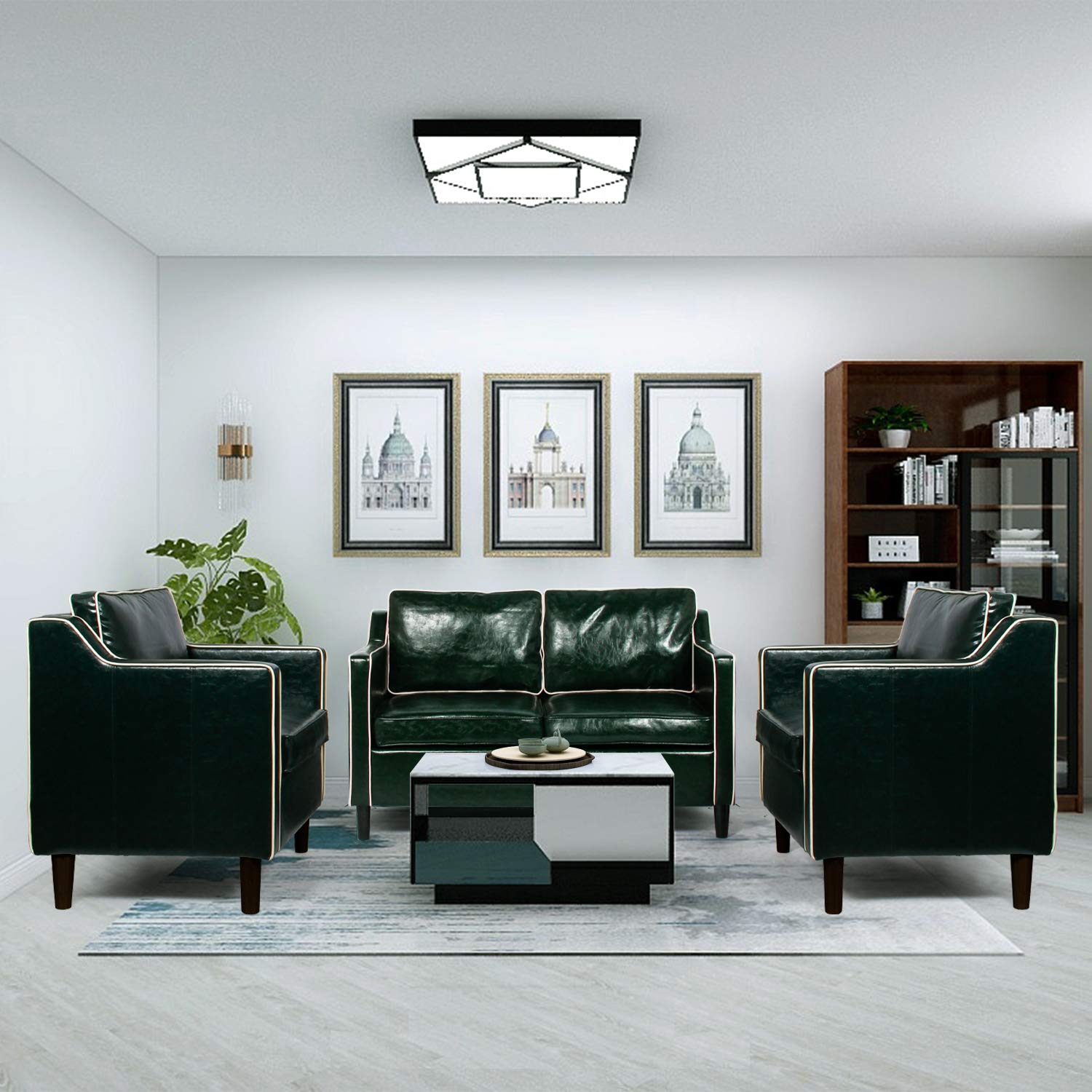 Mid Century Modern 3 Piece Sectional Sofa Set Couches for Living Room Faux Leather Armrest Office Couch Set Loveseat for Small Spaces, Home Furniture Green (Loveseat + 2 Single (3pcs), Green & White)