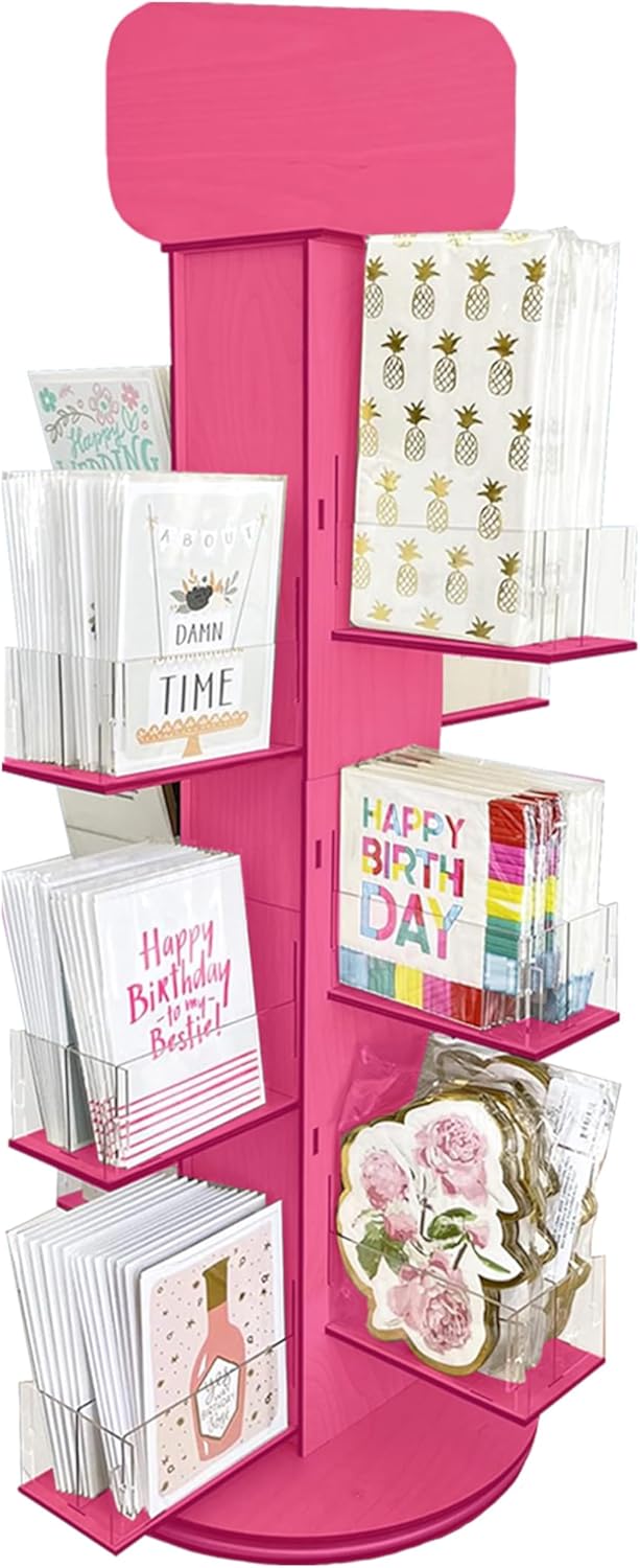 4-Sided Rotating Display Stand - Stationary, Greeting Cards, Stickers, Postcards, Coasters, Napkins - Heavy-Duty, Smooth Rotation, Easy to Assemble, Craft Shows, Trade Shows, Farmers Markets (Pink)