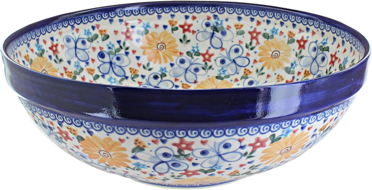 Blue Rose Polish Pottery - Brown Aztec Flower Large Serving Bowl - 13" Diameter - Perfect Serving Bowl for Pasta & Salad, Durable & Dishwasher Safe