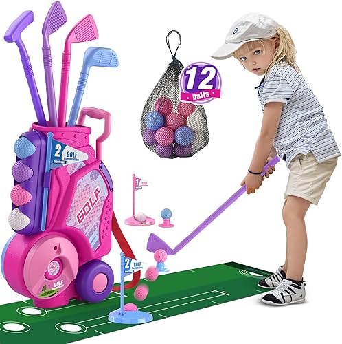 Miniatura 9 de Juego de golf para niños pequeños, palos de golf mejorados para niños con 12 pelotas, tapete de putt, correa para el hombro, juguetes deportivos