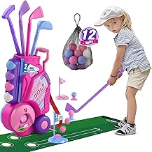 Toddler Golf Set 2-4 Years, Upgraded Kids Plastic Golf Clubs with 12 Balls, Putting Mat, Shoulder Strap, Indoor Outdoor Game Sport Toys Gift for Baby Boys Girls Aged 3-5, Pink