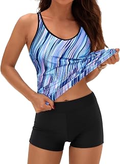 Yonique Athletic Tankini Swimsuits for Women Swim Tank Top with Blue Shorts 2 Piece Bathing Suits Blue&Purple Stripe XL Price In India