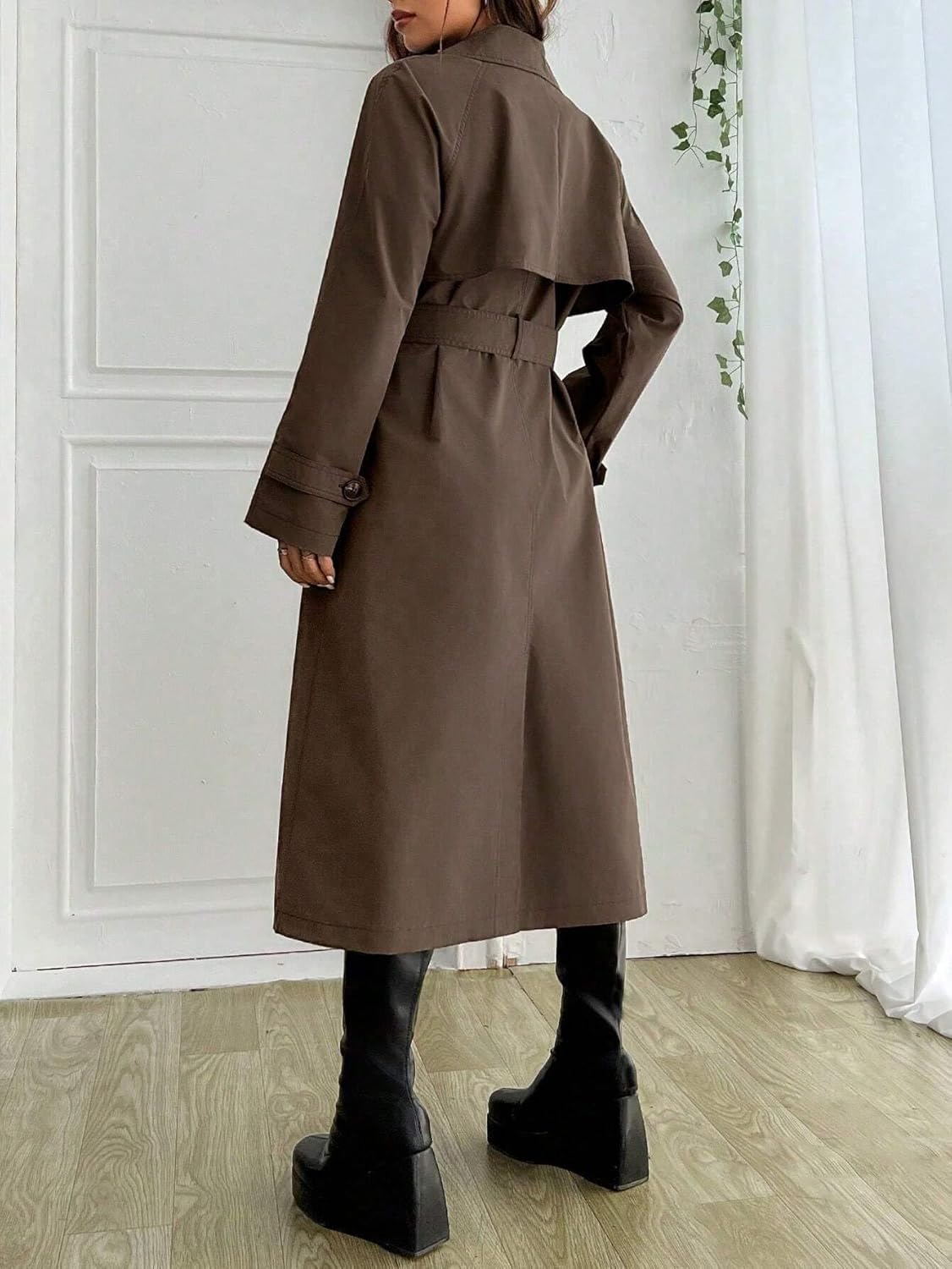 Womens Fashion Trench Outwear Fall Solid Color PU Trench Coat Jacket Coat