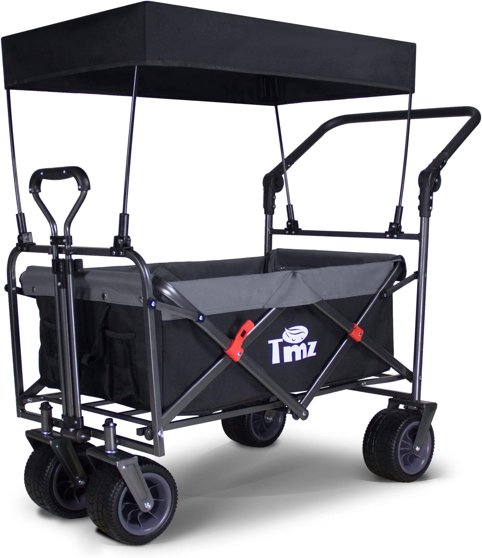 TMZ Collapsible Wagon, Outdoor Utility Garden Cart with Canopy, Heavy Duty Camping Wagon with Big Wheels, Folding Wagon for Sports, Shopping, Fishing and Beach-Black/Grey