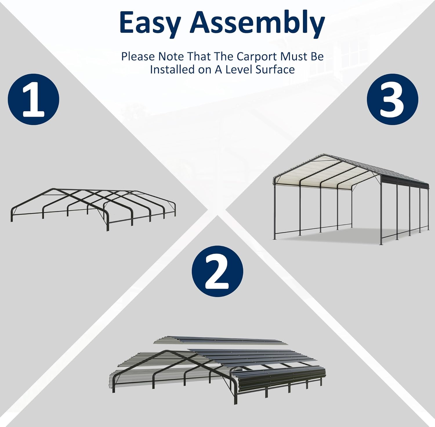 Three-step diagram illustrating carport assembly: 1. Assemble the canopy frame, 2. Install the canopy cover, 3. Attach the canopy to the base pillars.