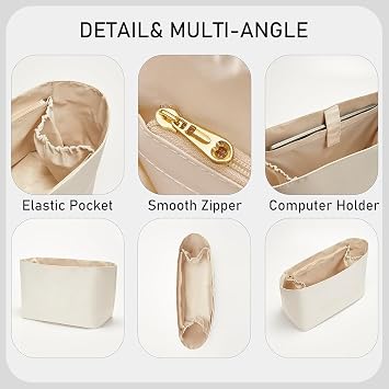 Laptop Sleeve Bag Organizer for Longchamp Le Pliage Large, Beige | Soft Nylon Purse Insert, 5 Pockets, 13Laptop Sleeve, Elastic Cup Holder, YKK Zipper Pocket, Keeps Tote Handbag Neat Shape