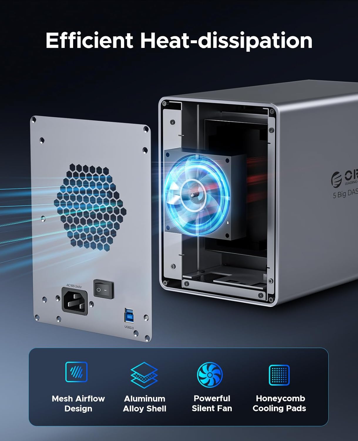 ORICO 5 Bay DAS Hard Drive Enclosure USB 3.0 for SATA 3.5 inch SSDs HDDs Bracket-Free External Hard Drive Bay Max up to 110TB ( Alluminum Alloy) -9858U3 - Image 4