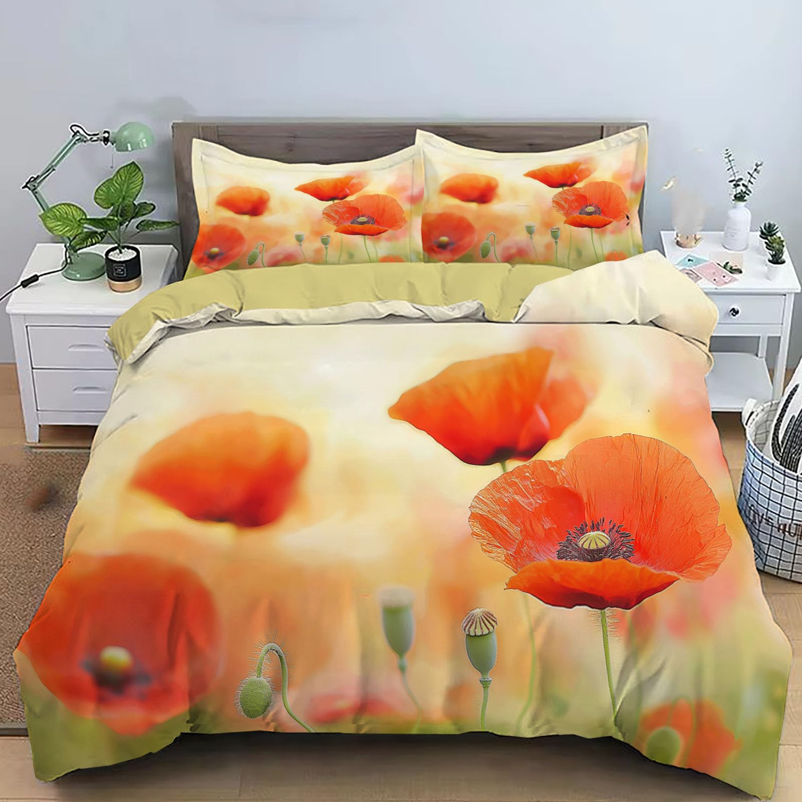 Housse de couette 200x200cm parure de lit 3D en microfibre jaune clair avec taies