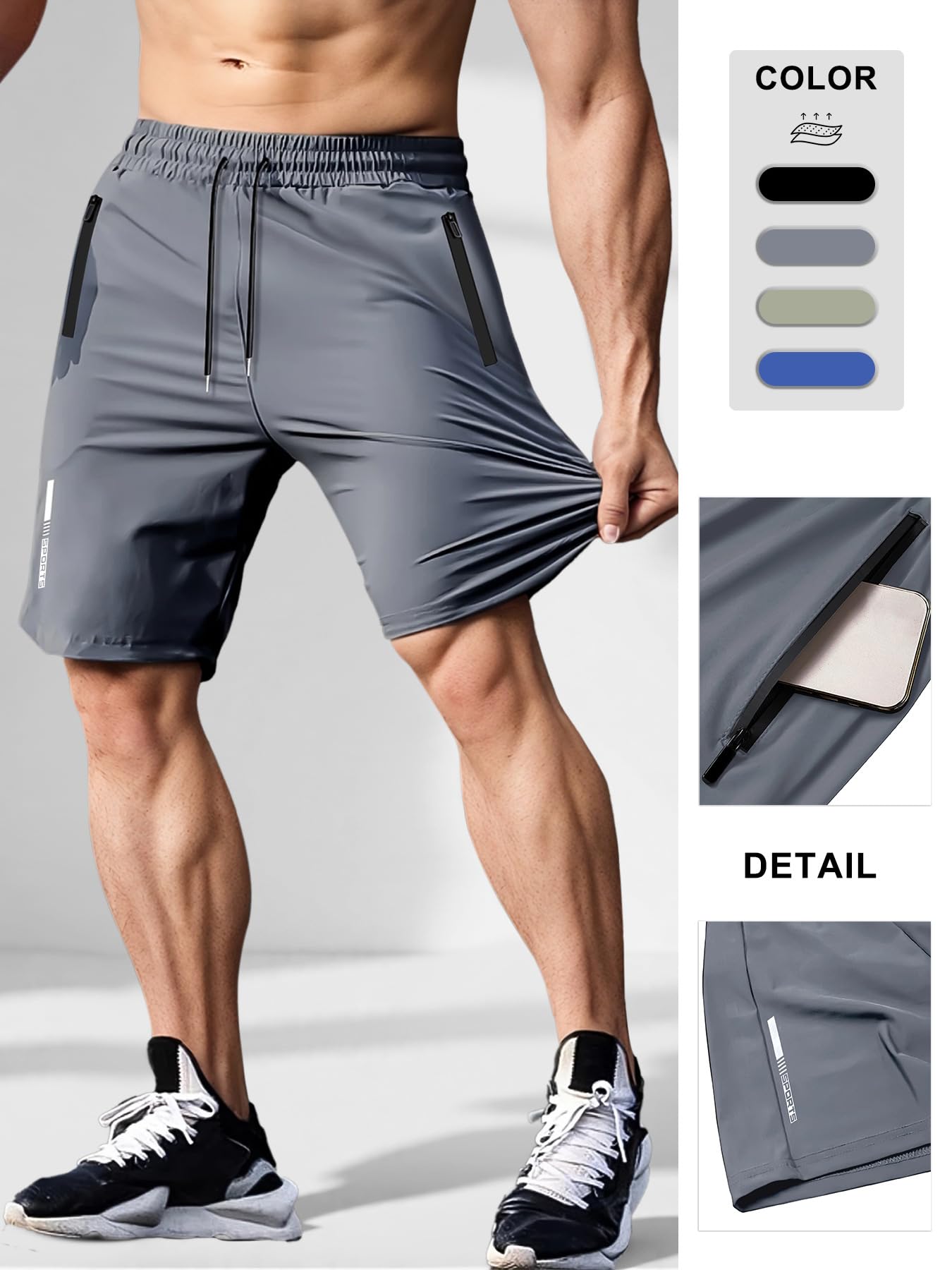 Pantalones cortos deportivos ligeros para hombre, para gimnasio, entrenamiento y correr, pantalones cortos de secado rápido con bolsillos con cremallera — view 5