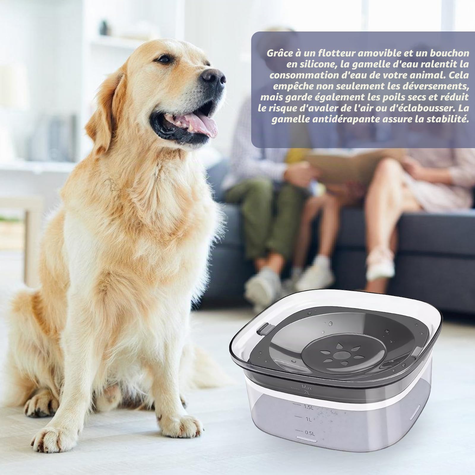 Gamelle d'eau sans renversement pour chiens : LEKEFETO 2L sans bavure, gamelle d'eau pour chien, chats et animaux domestiques, anti-fuite et antidérapante, transparente