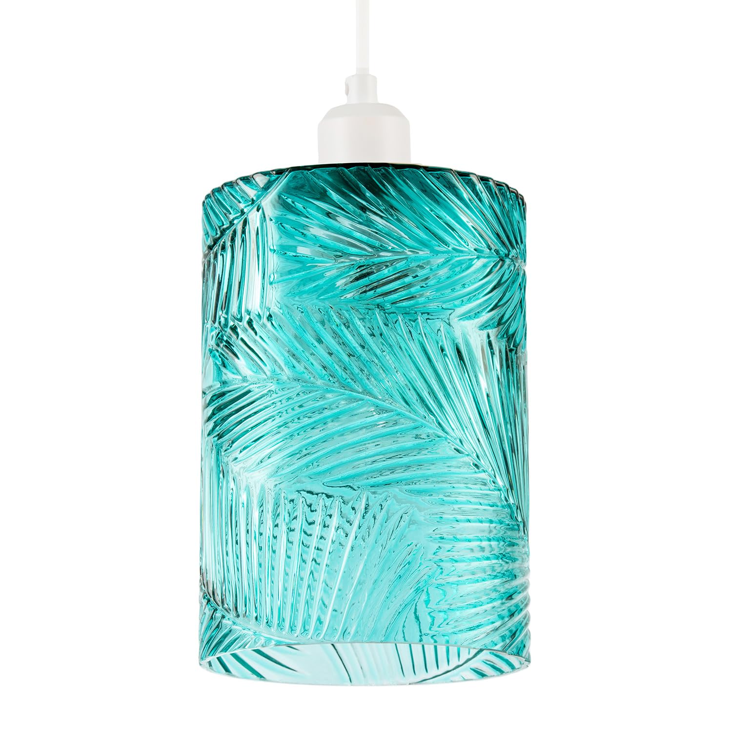 Teal Embossed Cylinder Glass Pendant Light Shade with Intricate Pressed Leaf Pattern | 20cm x 14cm | Mix of Art Deco Tropical and Contemporary by Happy Homewares