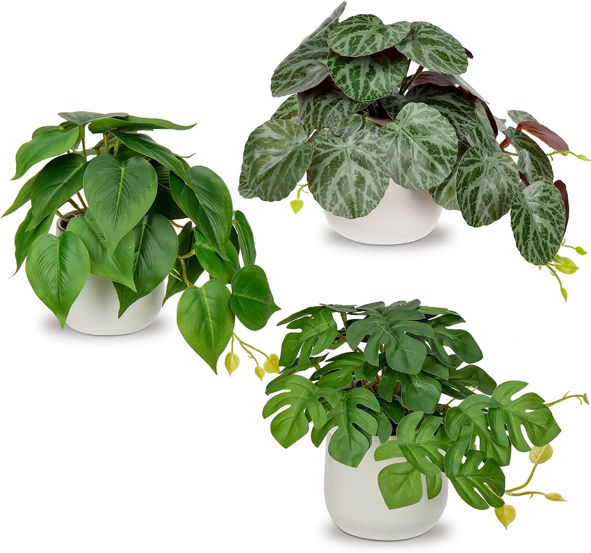 Fake Plants Set of 3 Artificial Plants with White Ceramic Pots Home Decor | Artificial Potted Plants Faux Pothos for Bedroom, Office, Bathroom, Shelf Desk Indoor Maintenance Free