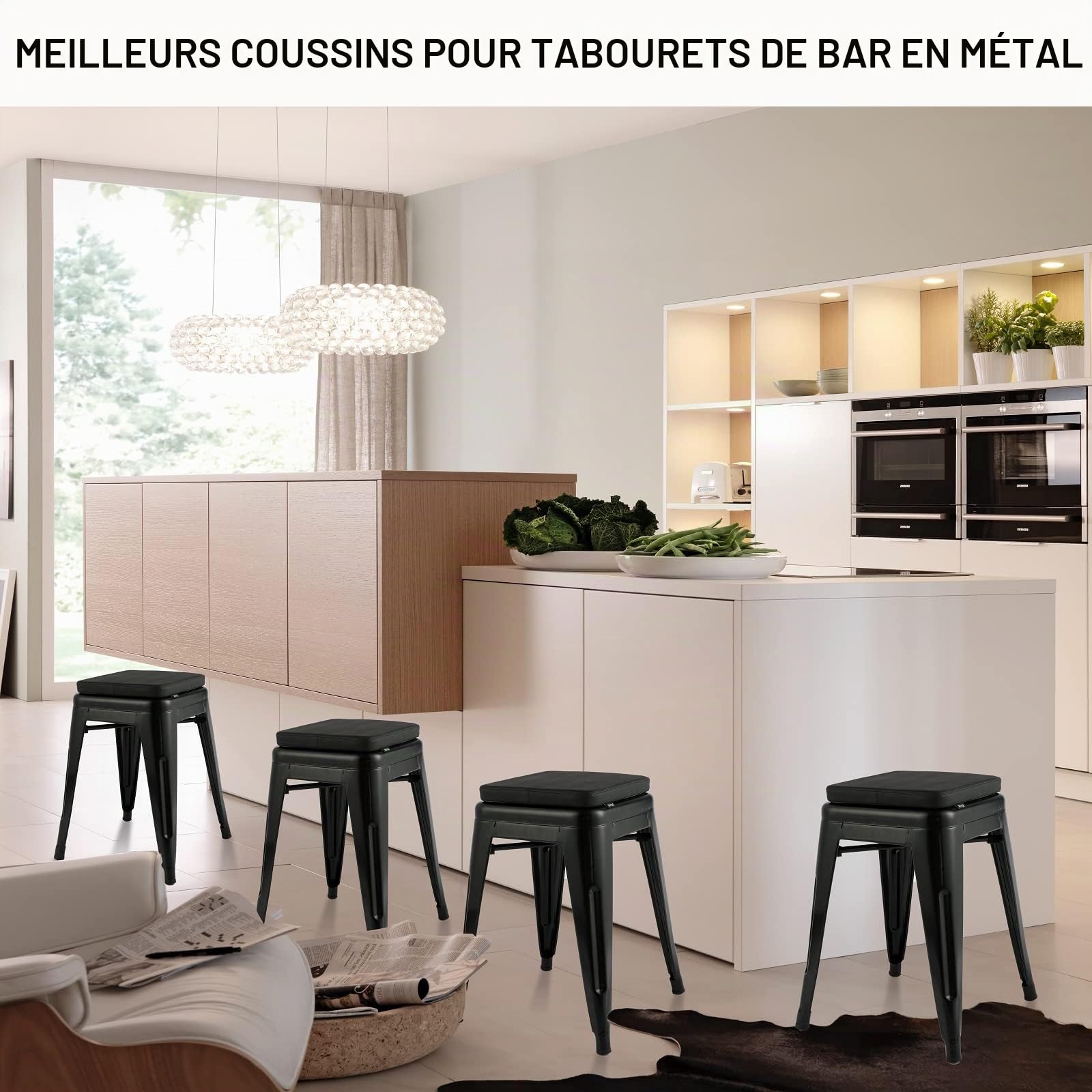 BUYUE Lot de 4 Coussins de Tabouret de Bar magnétiques antidérapants et empilables en Cuir synthétique de Luxe - pour café, bistrot - Carré, Noir, 4