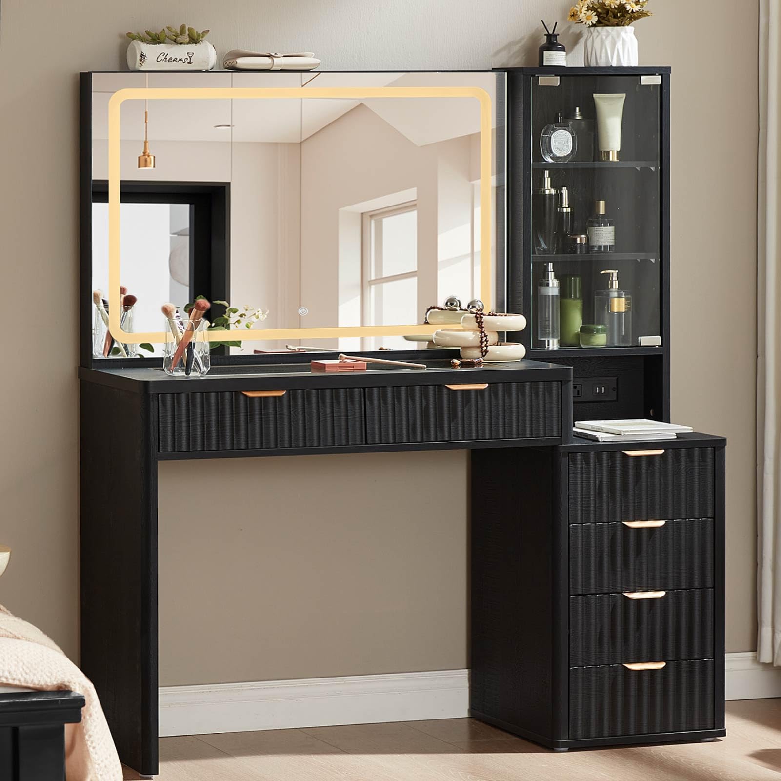 black dressing table mirror LEYAOYAO Fluted Makeup Vanity Desk with and Lights, 43.5'' Dresses on Sale Waist:37 Gothic Purple Black Prom The mirror is round