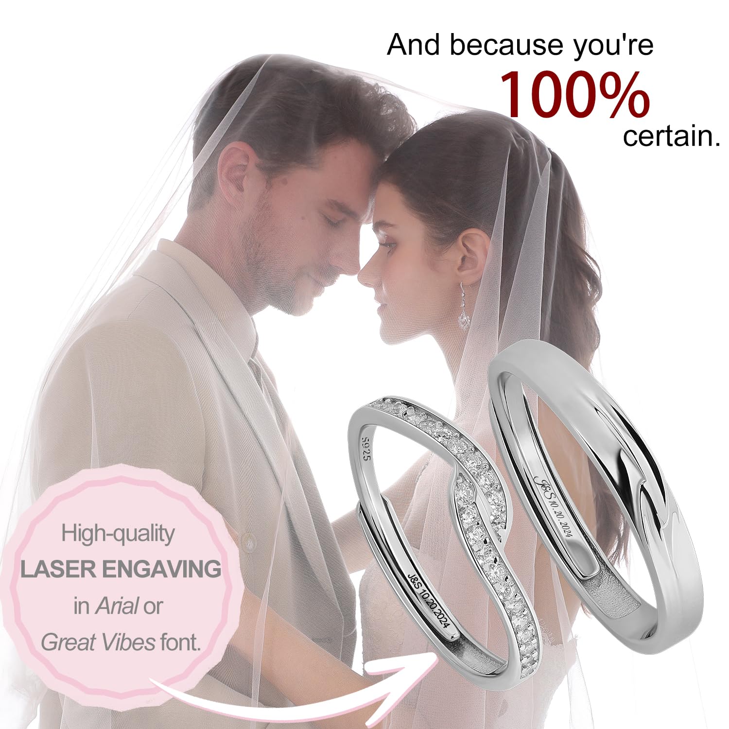Meissa 2pcs anelli di coppia in argento sterling per lei e lui Love You Forever Infinity Wedding Bands Anelli promessa d'argento con Cubic Zirconia gioielli sposa