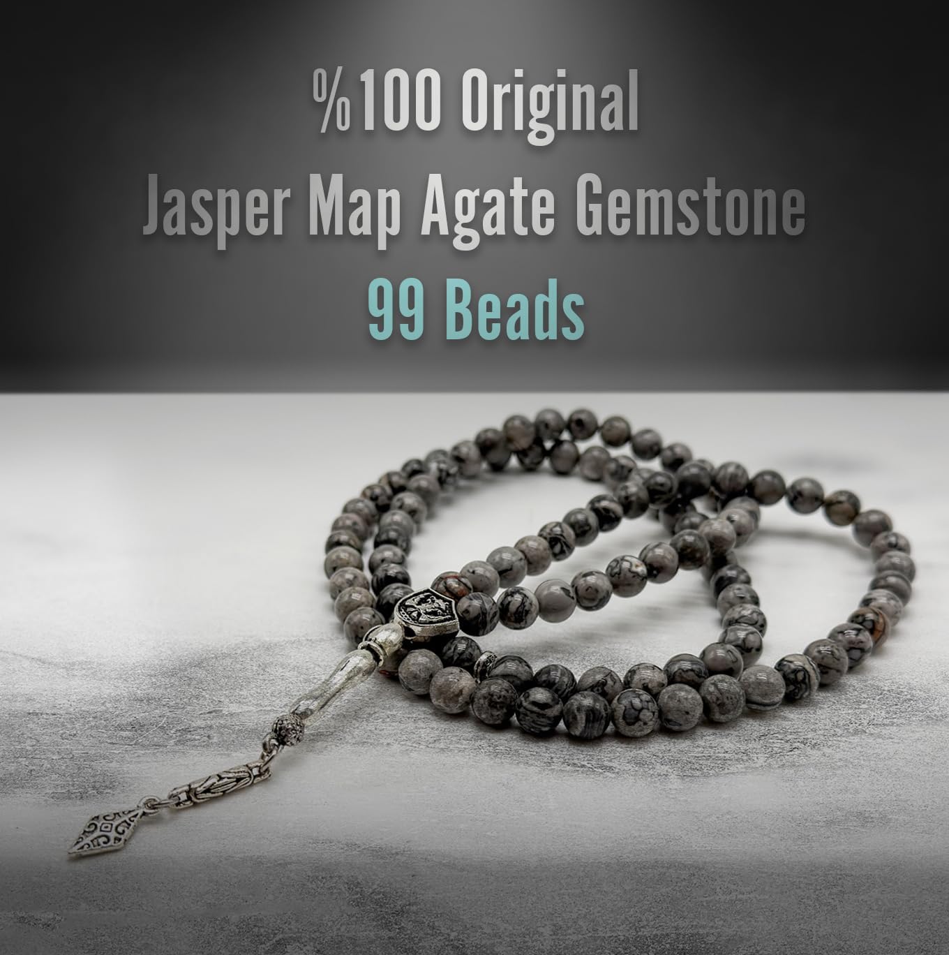 Elegant 8mm Jasper Map Agate Handmade Tasbih – Gemstone Muslim Prayer Beads, Metal Tassel with Special Case | Islamic Gifts for Dhikr, Namaz, Meditation
