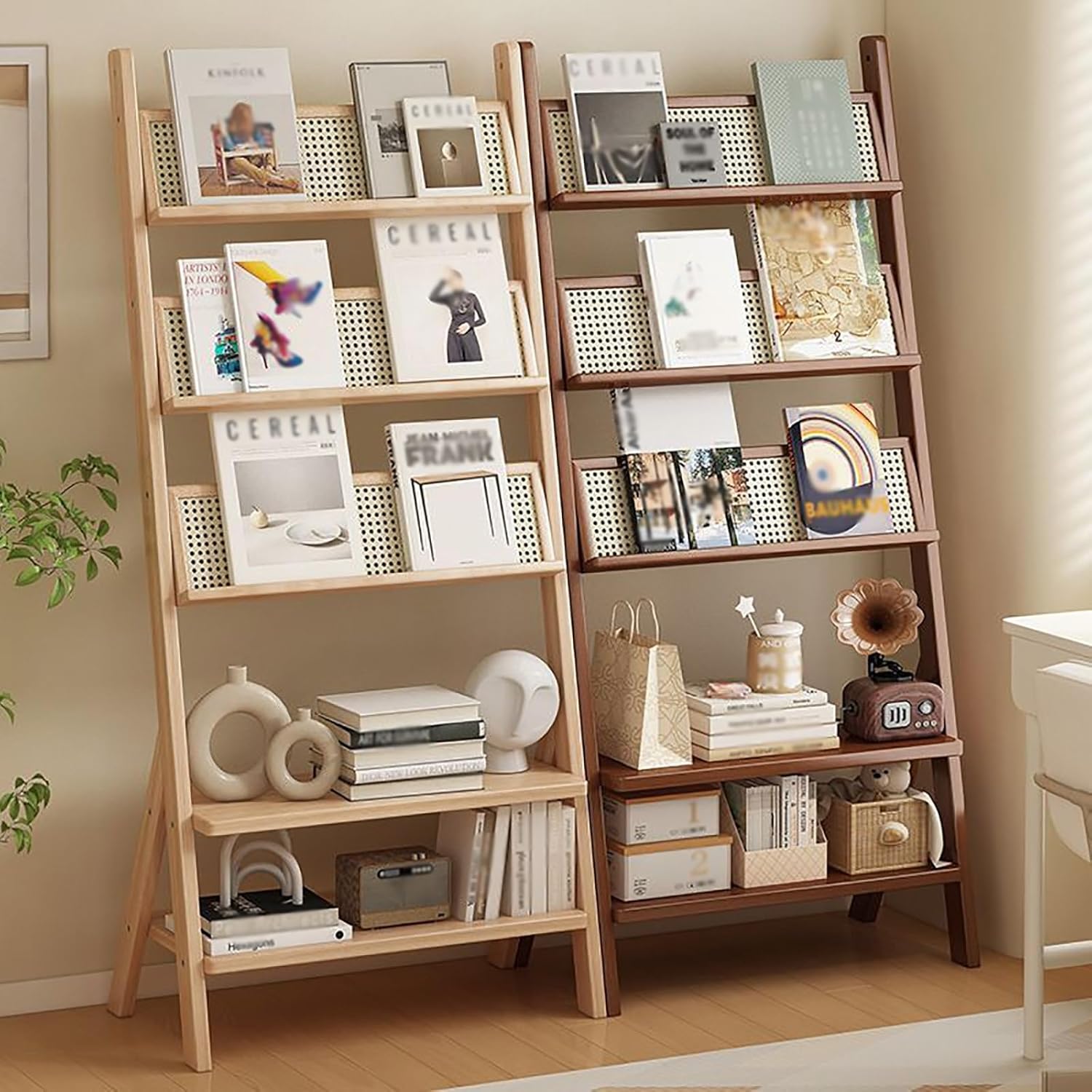 Literature Magazine Rack Floor Standing Display Stand Width 44/64cm 5-layer design Large storage capacity Strong stability Suitable for many occasions(Wood color,64cm)