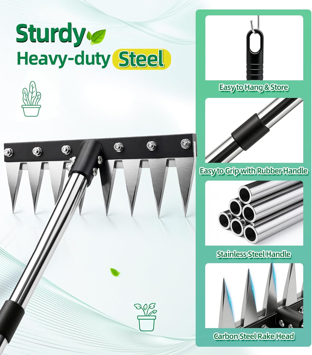 Iron Weed Rake with 71" Adjustable Long Handle, 8 Teeth Manual Weed Remover Tool Heavy Duty Garden Weed Puller with Gloves for Yard, Lawn, Garden