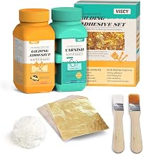 Gold Leaf Adhesive, Gilding Adhesive Set with 100ml Water Based Metal Leaf Glue and 100ml Varnish, 100 pcs Foil, 2 Brushes, Foil Wiping Cotton, for Arts, Crafts and Painting.