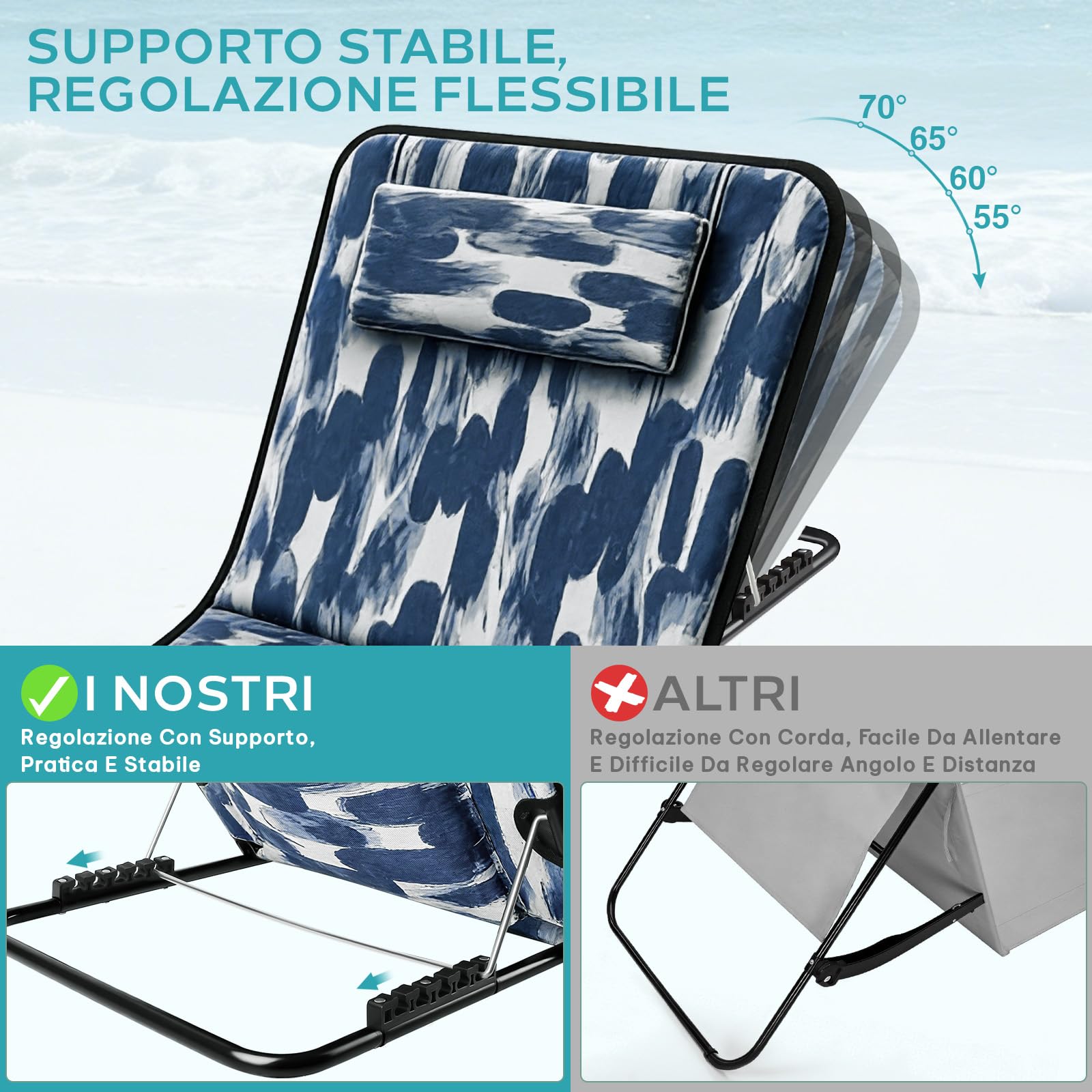 Tappetino da Spiaggia Pieghevole, Lettino da Spiaggia Pieghevole con Poggiatesta, Schienale Reclinabile e Tasca Portaoggetti, Portata 150 kg per Spiaggia Viaggi Giardino Campeggio (Blu)
