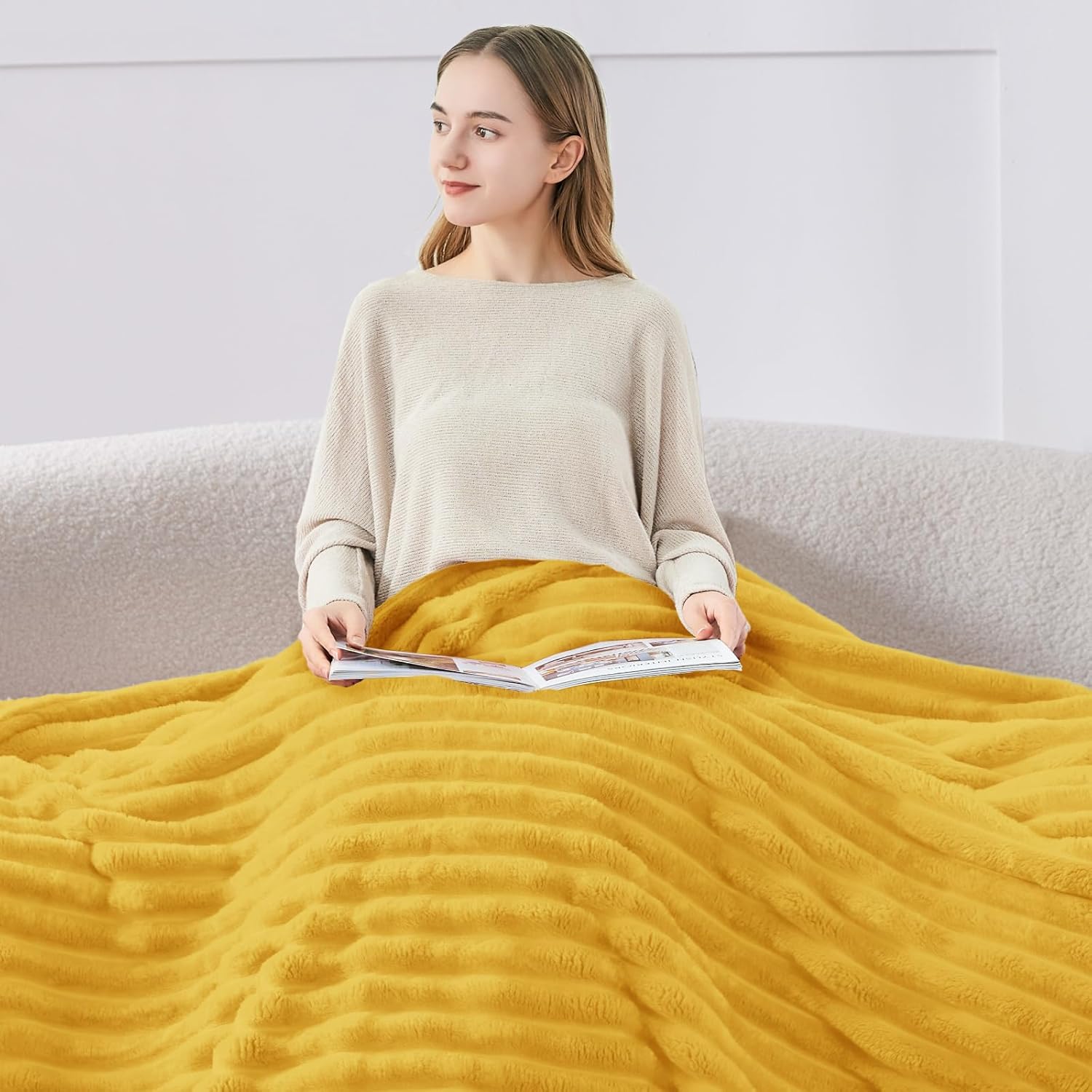 BEDELITE Twin Blanket for Couch & Bed, 300GSM Soft & Warm Fleece Blanket, Decorative and Giftable Striped Light Yellow Blankets for Women, Men, 60"x80" - Image 3