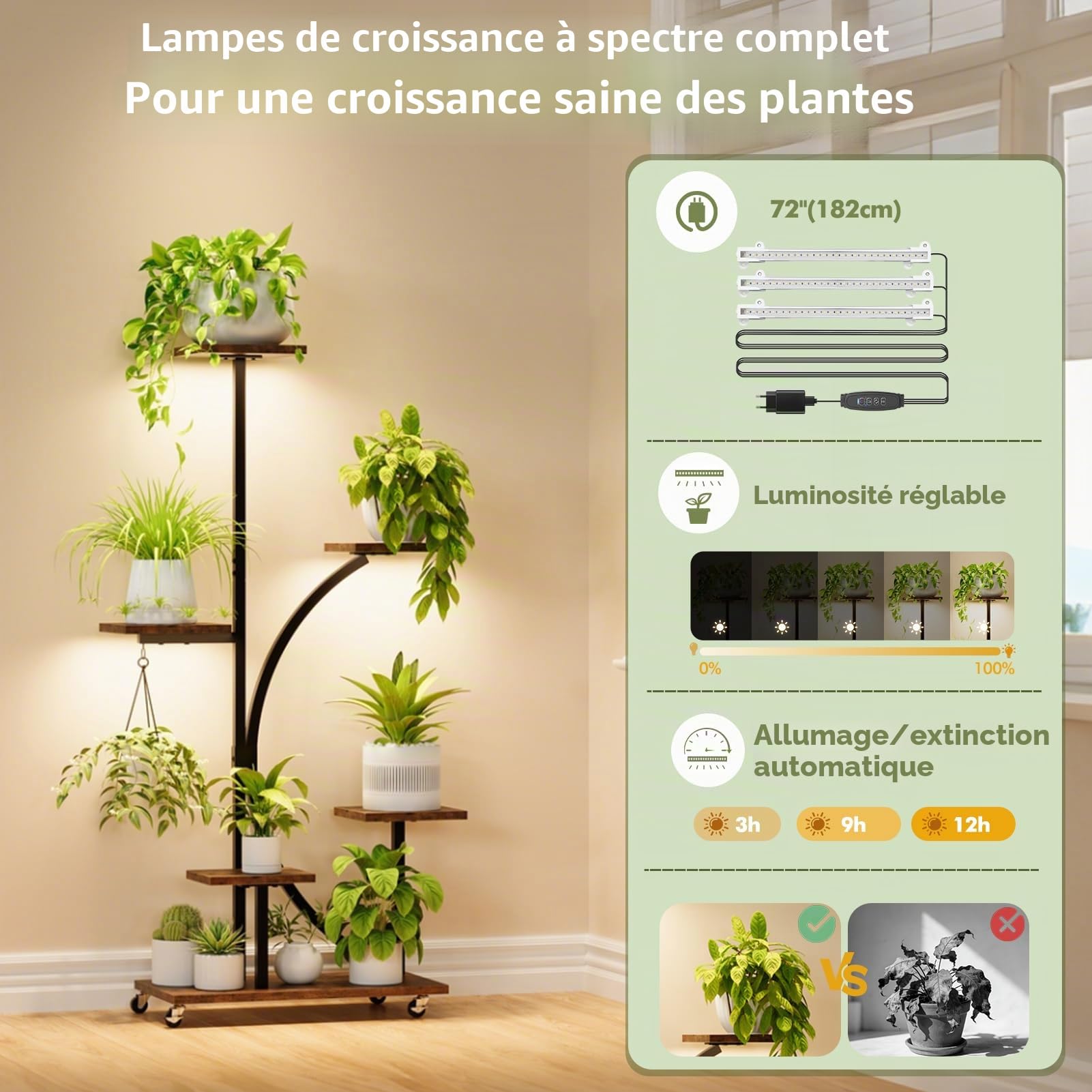 Présentoir à plantes avec lumière de croissance, support à fleurs 6 niveaux 125 cm, présentoir à plantes métal bois avec roulettes de fixation, présentoir à fleurs intérieur extérieur, escalier à