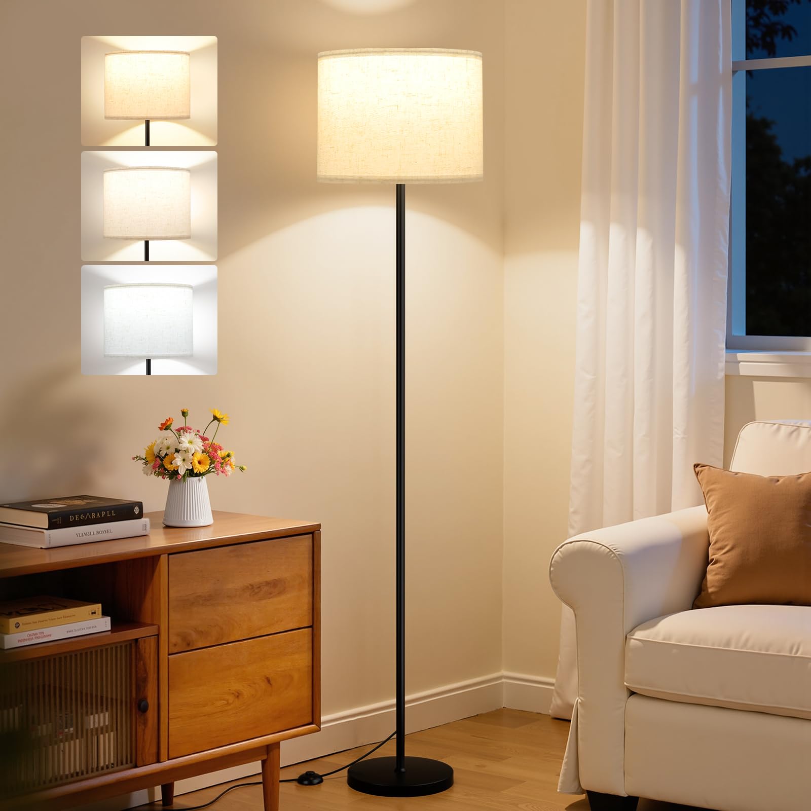 Schwarz Stehlampe dimmbar mit Fernbedienung, 5-Stufen Lichtfarbe 3000-6000K | Schwarz Stehlampe Wohnzimmer, mit stufenlos dimmbar und timer, weißer Stoffschirm, für Wohnzimmer/Schlafzimmer/Büro.