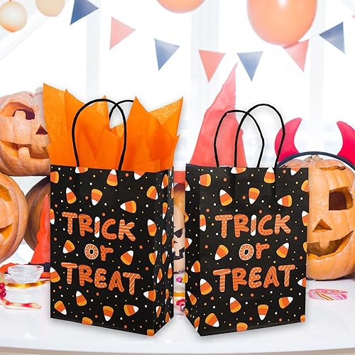 Miniatura 6 de Whaline Bolsas de regalo de papel de maíz caramelo con papel de seda naranja, bolsas de regalos de fiesta de Halloween con asas, bolsas de dulces