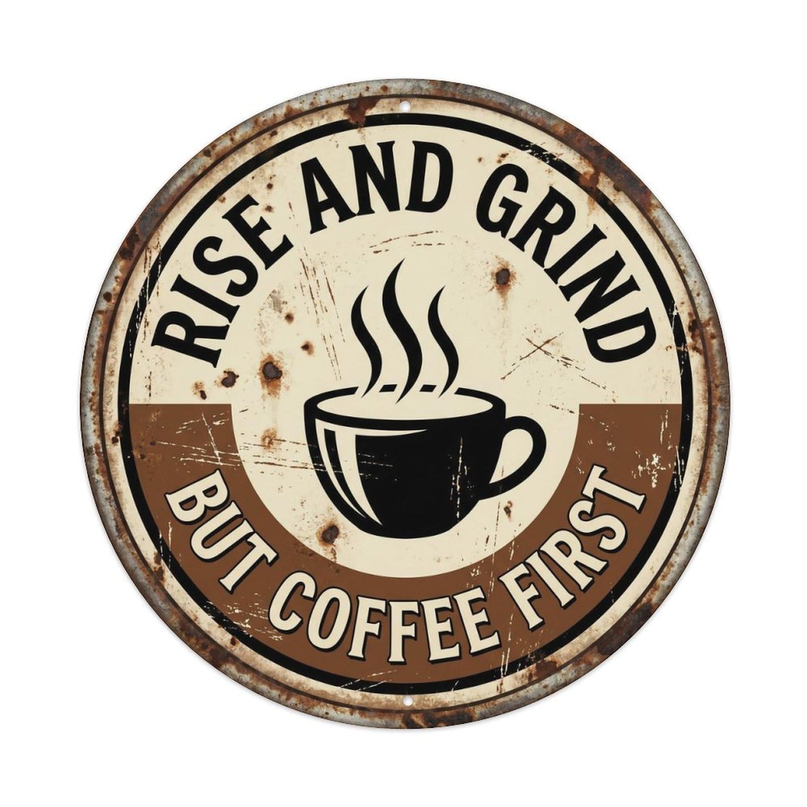 Cmhok Vintage Style Rise And Grind Vintage Round Wall Decor Retro Coffee Slogans 1 Metal Tin Sign Plaque Wall Decor For Cafe, Club, Garden Round Metal Poster 8X8inch