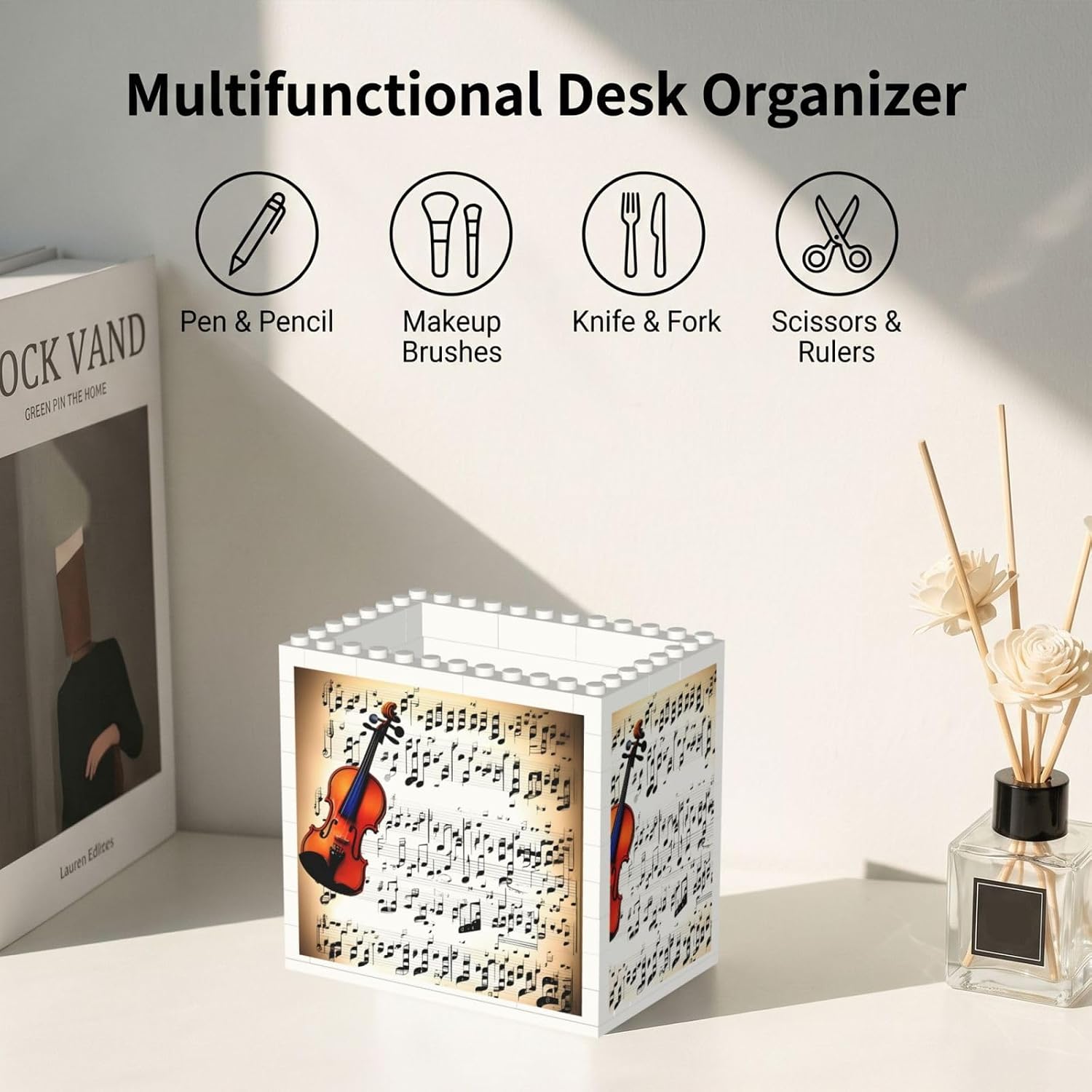 Violin Sheet Music Print Uv Print Block Pencil Cup, Detachable Creative Block Desk Organizer Office Abs Pen Holder image 5