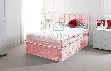 Comfy Deluxe LTD 4FT Small Double Bed Set with Memory Foam Mattress - Baby Pink Crushed Velvet Divan Bed Frame with 20" Matching Headboard, Chrome Glider Feet & 2 Drawers Same Side - UK Made