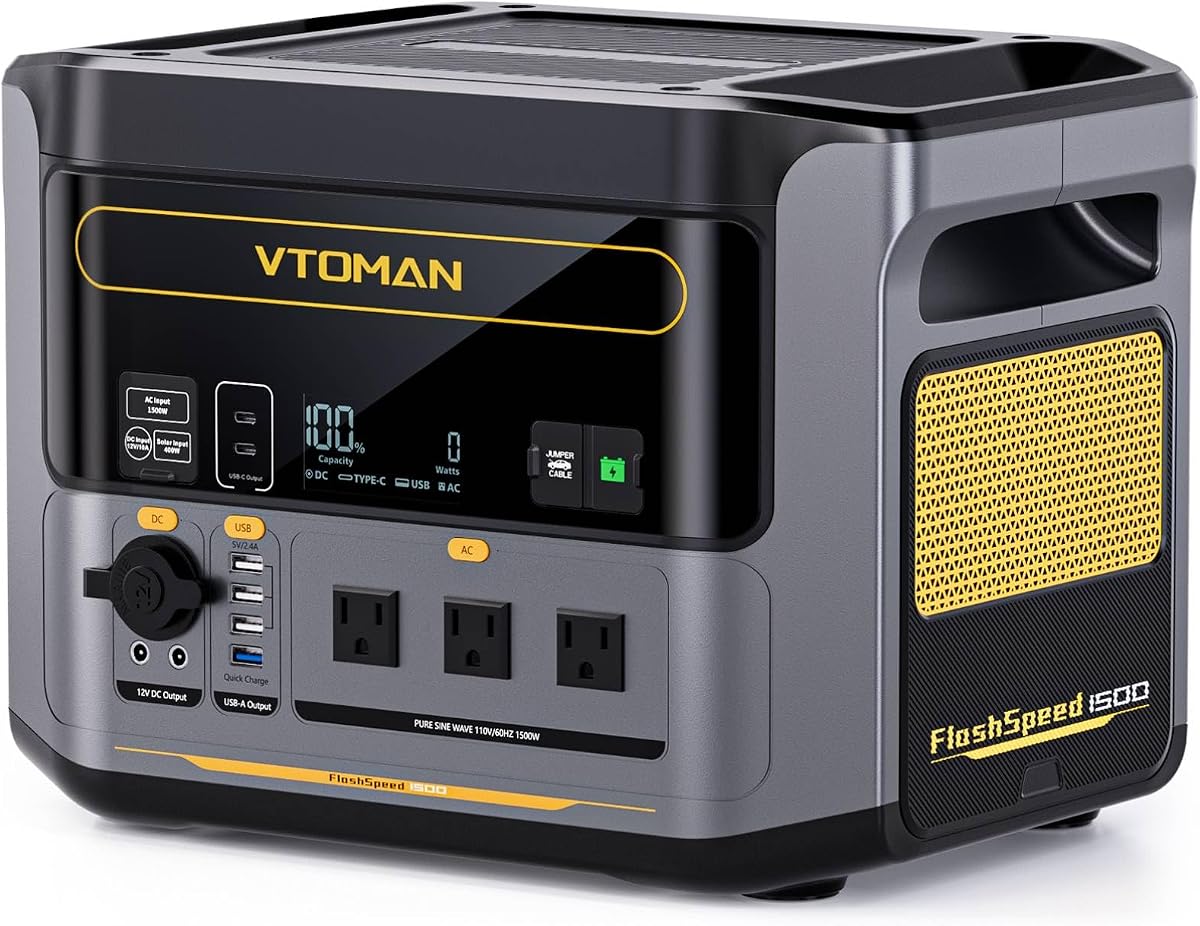 VTOMAN FlashSpeed 1500 Solar Generator, 1548Wh LiFePO4, 3000W peak ouput | Recharge 0-100% in 1H, UPS<20ms, 110V/1500W AC output/input, 100W USB port, for camping, emergency, RVs