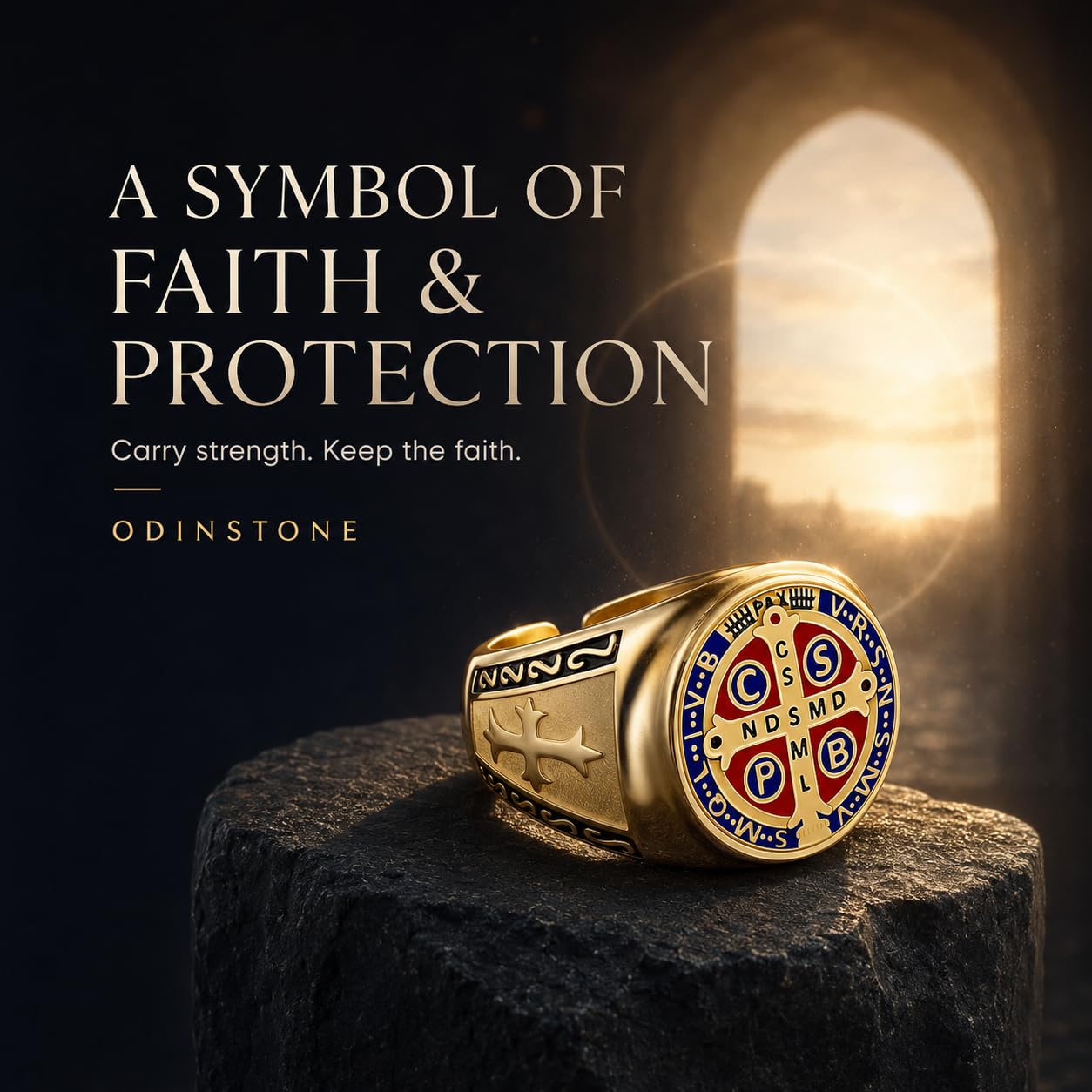 Odinstone Anillos para Hombre Anillo Vikingo San Benito Cruz en Plata 925 Anillos Rúnicos Vikingos Joyería Anillo
